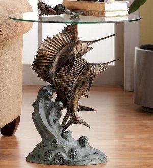 Marlin and Sailfish Glass Top Accent Table