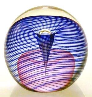 Round Pink and Blue Swirl Veil Paperweight, w Air Bubble