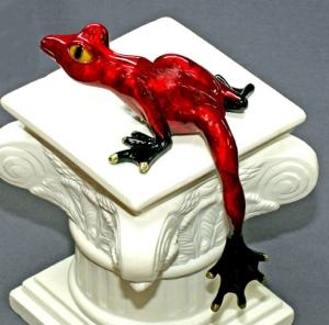 Candy-Red Hang Over Frog Bronze Sculpture by Barry Stein
