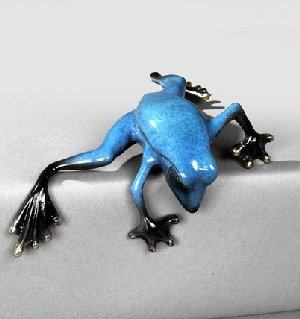 Blue Peek A Boo Bronze Frog Sculpture by Barry Stein