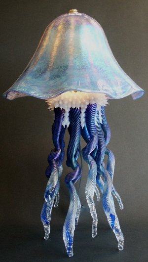 Cobalt Blue, Iridescent Glass Jellyfish Lamp, Single Dome
