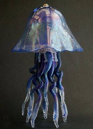 Cobalt Blue, Iridescent Glass Jellyfish Lamp, Double Dome
