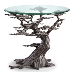 Aluminum, Iron Glass Cypress Tree End Table