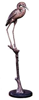 Bronze Heron On Branch Sculpture