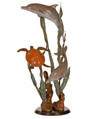 Aquatic Encounter Bronze Dolphins/ Sea Turtle Sculpture