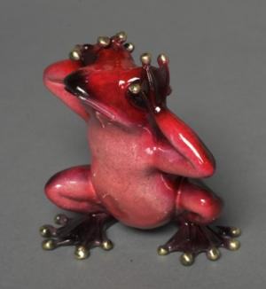See No Evil Red Bronze Frog Sculpture by Barry Stein