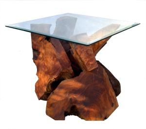 Sculptured Redwood Glass Top End Table by Daryl Stokes