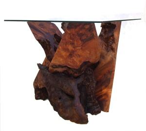 Sculptured Redwood Glass Top End Table by Daryl Stokes