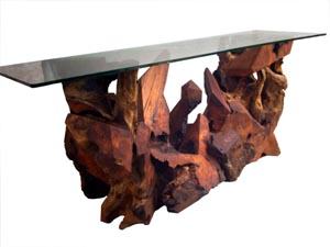 Sculptured Redwood Glass Top Console Table by Daryl Stokes
