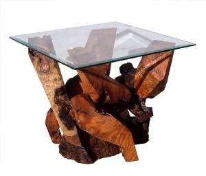 Sculptured Redwood Glass Top End Table by Daryl Stokes