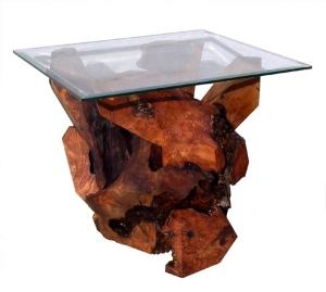 Sculptured Redwood Glass Top End Table by Daryl Stokes