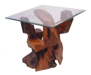 Sculptured Redwood Glass Top Accent Table by Daryl Stokes