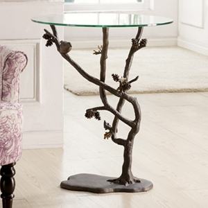 Bird and Pinecone Glass Top Pedestal Table