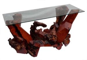 Sculptured Redwood Console Table with Glass Top #DS-19211