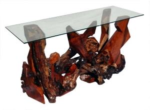 Sculptured Redwood and Glass Top Console Table DS-19311