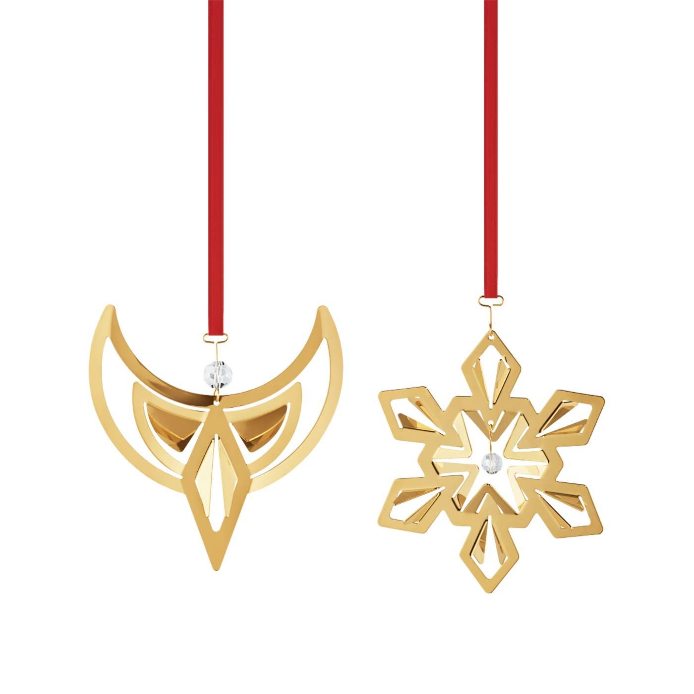 2024 Georg Jensen Christmas Ornament 2pc Set Gold Angel & Snowflake