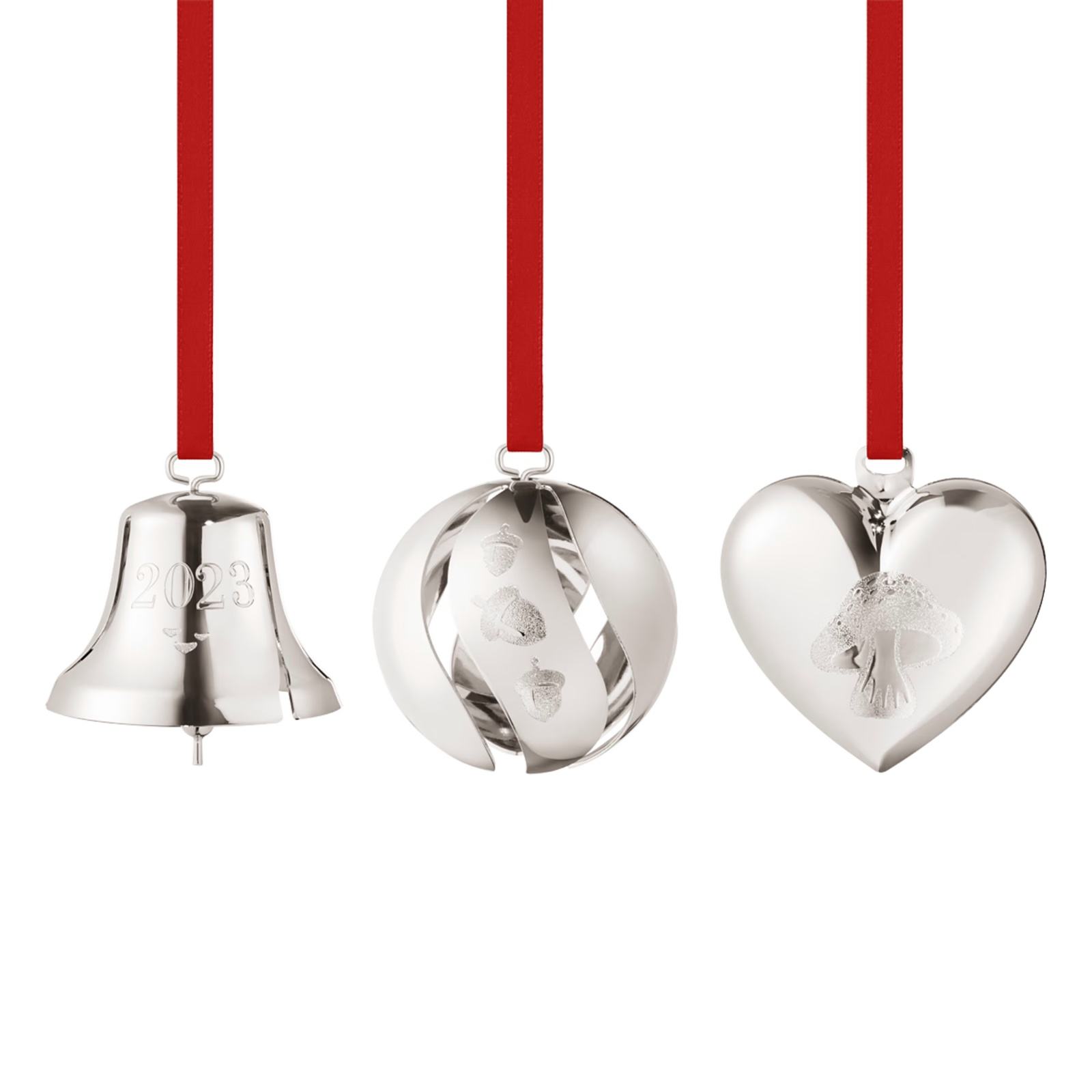 2023 Georg Jensen Christmas Ornament 3pc Set Silver Bell, Ball, & Heart