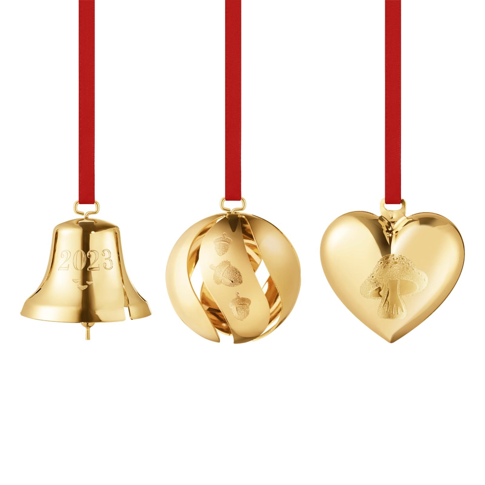 2023 Georg Jensen Christmas Ornament 3pc Set 18Kt Gold Bell, Ball, & Heart