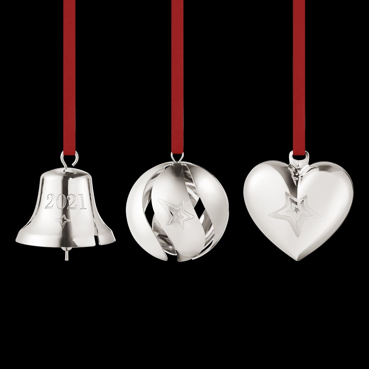 2021 Georg Jensen Christmas Ornament 3pc Set Silver Bell, Ball, & Heart