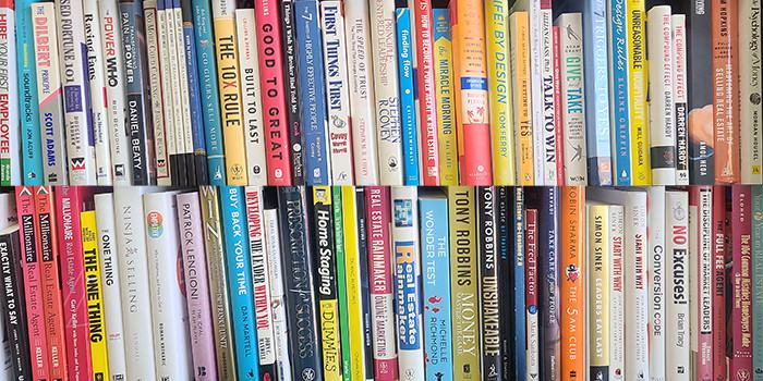 Photo of book spines on bookshelf
