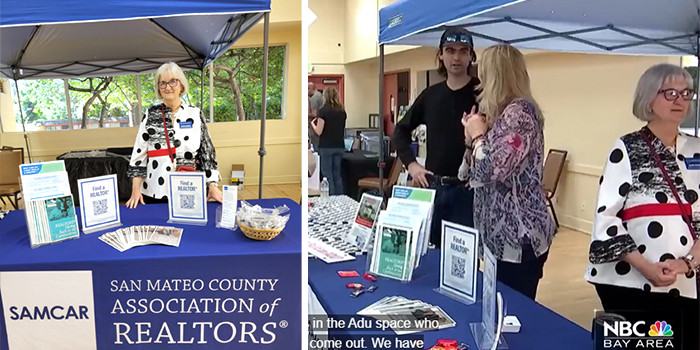 Photo of SAMCAR booth at ADU Resource Fair and still shot of NBC Bay Area Coverage of Event