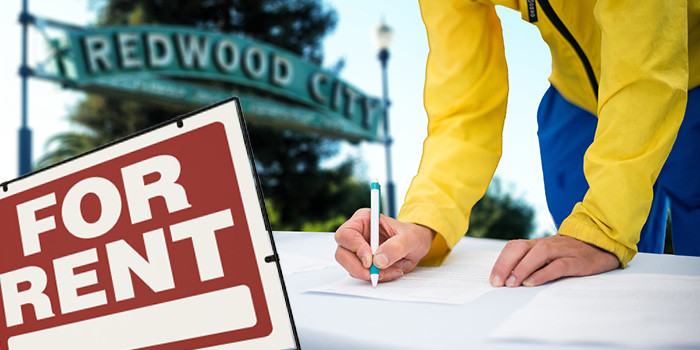 Photo collage: City of Redwood City sign / For Rent Yard Sign /  Hands with pen signing paper at table (Adobe Stock)