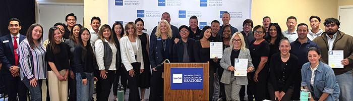 Photo of new SAMCAR Realtor members at June 9 2026 orientation program with Membership Committee Chair Nestor Icaza and Vice Chair Danielle Shapiro and 2026 SAMCAR President Linda Crose-Andersen