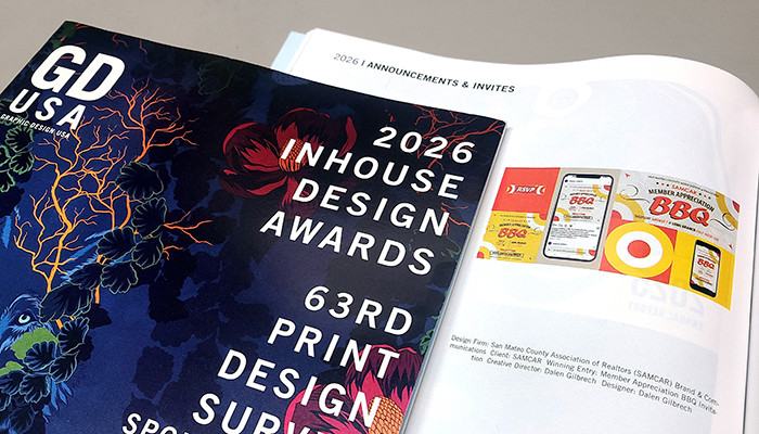 Photograph of GD USA Magazine June 2026 Cover Featuring INHOUS Design Awards and Page open to Invitations + Announcements category featuring SAMCAR winning entry