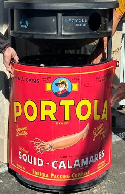 Image about Check out the 9 Trash Receptacles on the Wharf with Historic Cannery Labels