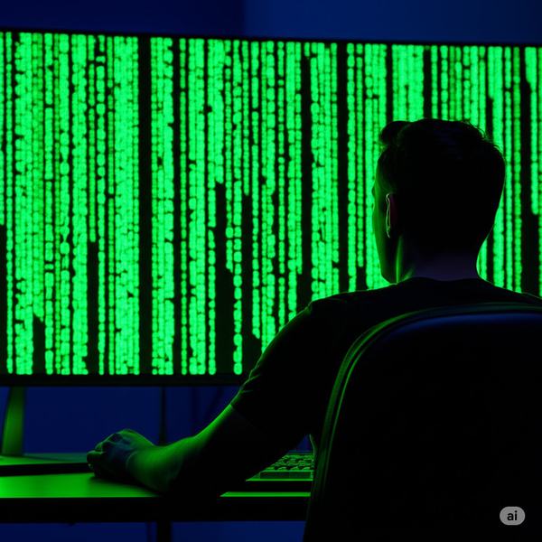 Developer watching matrix-like ip addresses on a large monitor