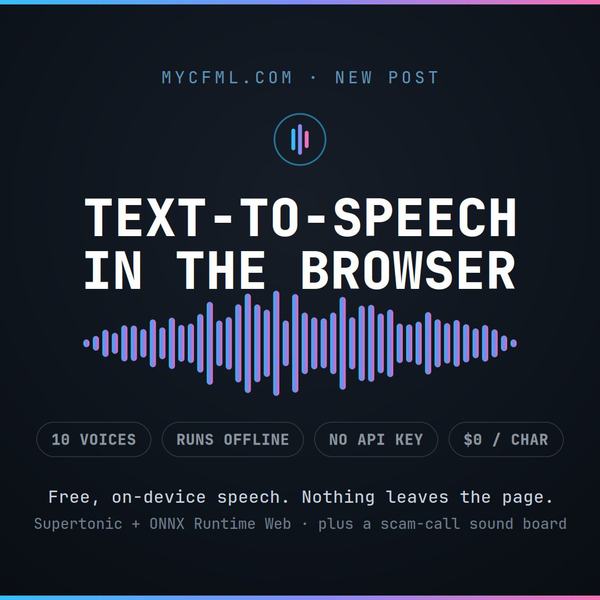Text-to-speech in the browser. 10 voices. Runs offline. No API key. $0/char.  Free, on-device speech. Nothing leaves the page.