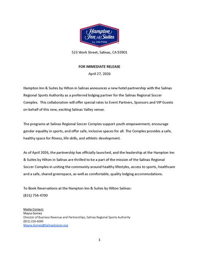 Image about Hampton Inn & Suites by Hilton in Salinas announces a new hotel partnership with the Salinas Regional Sports Authority