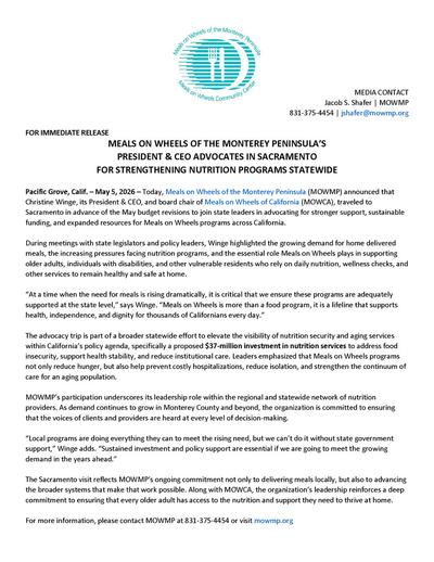 Image about MEALS ON WHEELS OF THE MONTEREY PENINSULA'S PRESIDENT & CEO ADVOCATES IN SACRAMENTO FOR STRENGTHENING NUTRITION PROGRAMS STATEWIDE