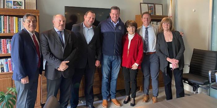 Photograph of (Left to Right) Fernando Peña, Frank Vella, Jerome Madigan, Congressmember Kevin Mullin, Sue Walsh, Paul Beaudreau, Judy Taylor