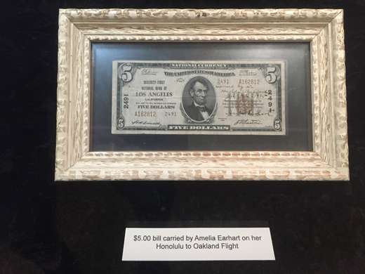 Image about $5.00 bill carried by Amelia Earhart on her Honolulu to Oakland Flight.