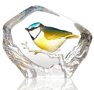 Mats Jonasson Blue tits painted crystal sculture