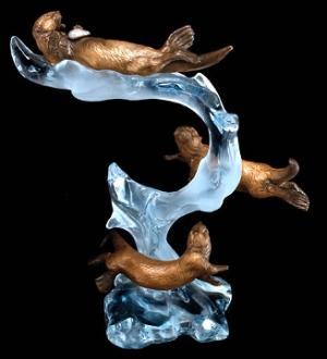Playful Motion, Bronze Sea Otters Sculpture by Kitty Cantrell