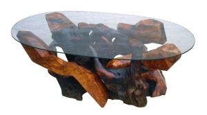 Sculptured Redwood Glass Top Coffee Table by Daryl Stokes