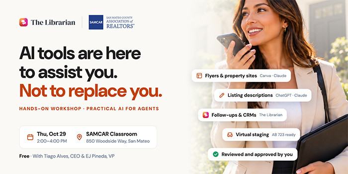 AI Tools are here to assist you. Not to replace you. Hands-on Workshop. Practical AI for Agents. Thursday, October 29 | 2 PM – 4 PM | SAMCAR Classroom